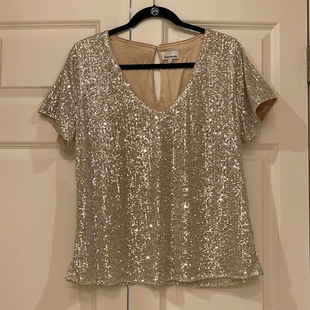 Heartloom, large, V-neck, short, sleeved, champagne, sequin blouse
